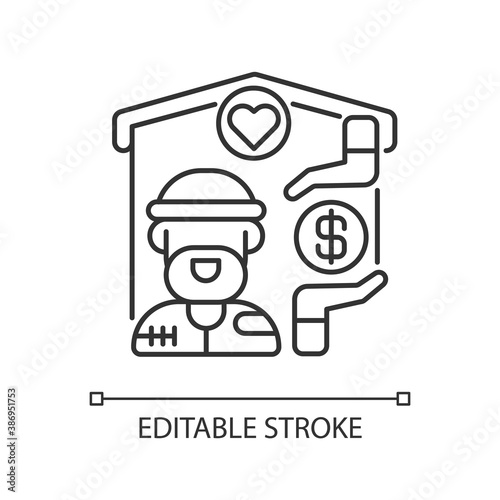 Shelter services linear icon. Safe accommodation. Homeless shelter. Emergency placement. Thin line customizable illustration. Contour symbol. Vector isolated outline drawing. Editable stroke
