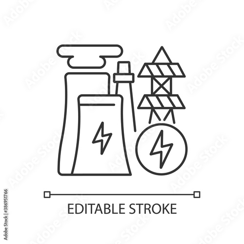 Electricity industry linear icon. Electrical power. Renewable and micro energy resources. Thin line customizable illustration. Contour symbol. Vector isolated outline drawing. Editable stroke