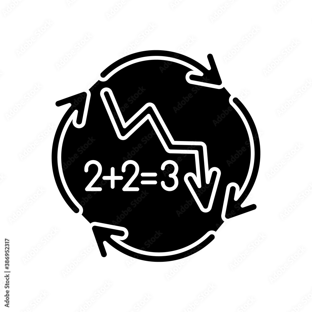 Negative synergy black glyph icon. Decline in financial figures. Decrease in stock numbers. Economic failure. Loss of investment. Silhouette symbol on white space. Vector isolated illustration Negative synergy black glyph icon. Decline in financial figures. Decrease in stock numbers. Economic failure. Loss of investment. Silhouette symbol on white space. Vector isolated illustration