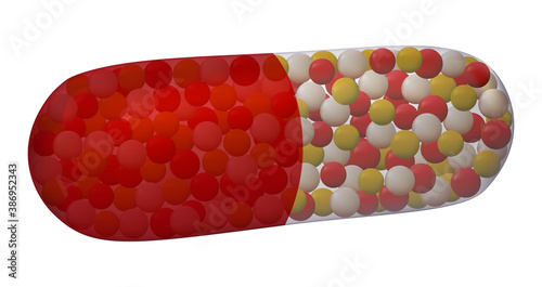 Red and transparent capsule realistic illustration isolated on white . Painkiller or antibiotic pill. Vector vitamin tablet