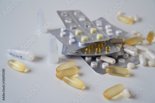 Assorted pharmaceutical medicine pills, tablets and capsules 