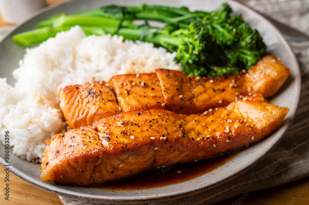 salmon teriyaki with rice and boiled broccolini salmon teriyaki with rice and boiled broccolini