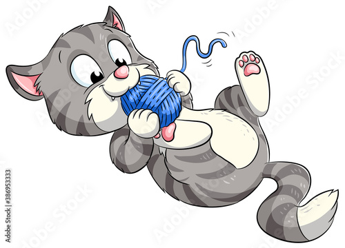 Niedliche Katze spielt mit Wollknäuel - Vektor-Illustration
