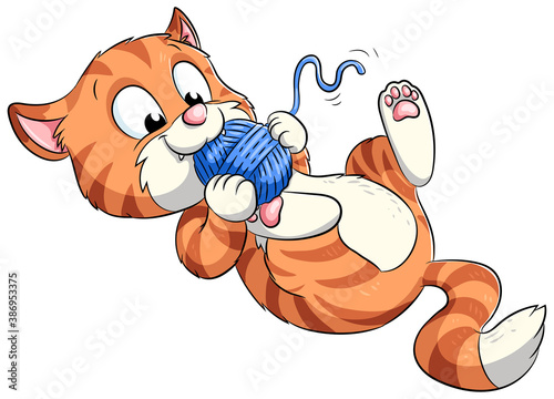 Niedliche Katze spielt mit Wollknäuel - Vektor-Illustration