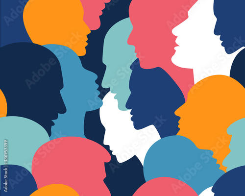 People profile heads. Seamless pattern of a crowd of many different people profile heads. Vector background. © kubko