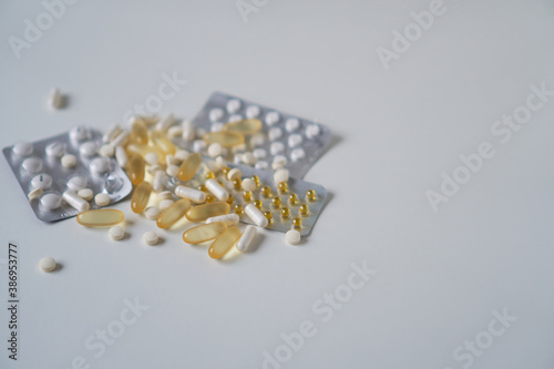 Assorted pharmaceutical medicine pills, tablets and capsules  