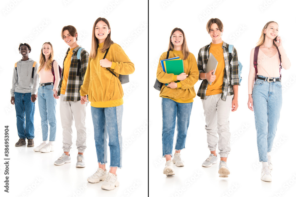 Fototapeta premium Collage of smiling multiethnic teenagers holding hands and notebooks on white background