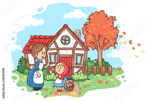 Rotkäppchen verabschiedet sich von ihrer Mutter - Vektor-Illustration