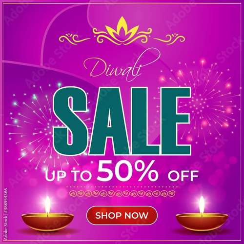 Diwali Festive Season Sale banner, up to 50% cashback. Limited offer Dipawali, Indian festival, diya lamp, oil lamp, colorful bokeh background, vector illustration offer banner, advertisement