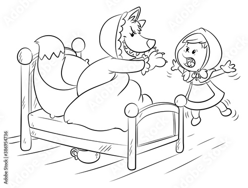 Verkleideter Wolf greift Rotkäppchen an - Vektor-Illustration