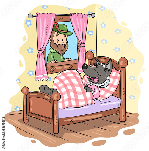 Jäger findet Wolf in Großmutters Bett - Vektor-Illustration