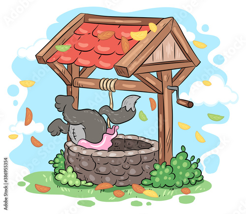 Der böse Wolf fällt in den Brunnen - Vektor-Illustration