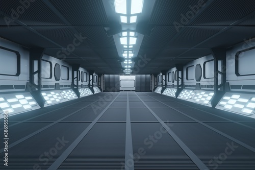 3d rendering hitech space shuttle hall way