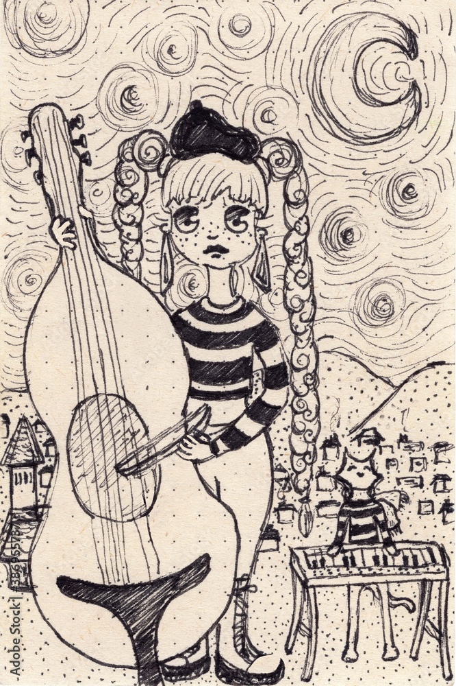 Fototapeta premium ilustración de Mujer joven tocando contrabajo sobre la noche estrellada de Francia en compañía de su gato tocando piano, noche de jazz, gato jazz