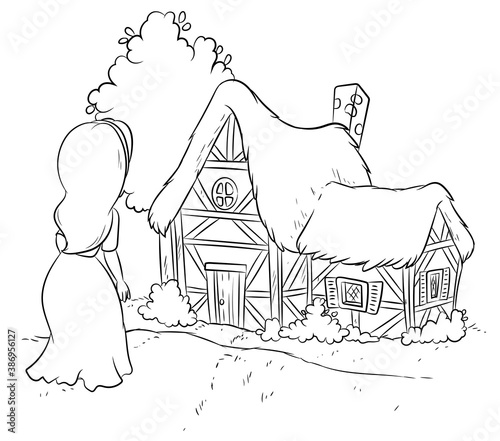 Schneewittchen findet das Haus der Zwerge - Vektor-Illustration