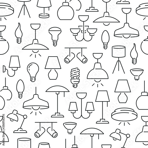 Seamless pattern with lamps. Black and white thin line icons