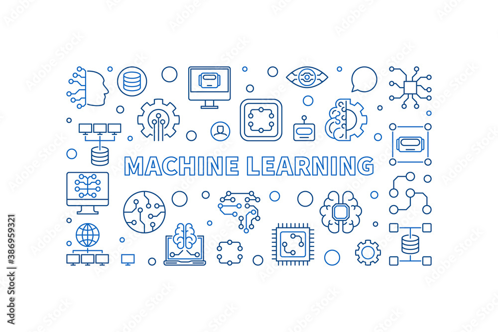 Machine Learning concept line banner. ML vector creative outline horizontal illustration Machine Learning concept line banner. ML vector creative outline horizontal illustration