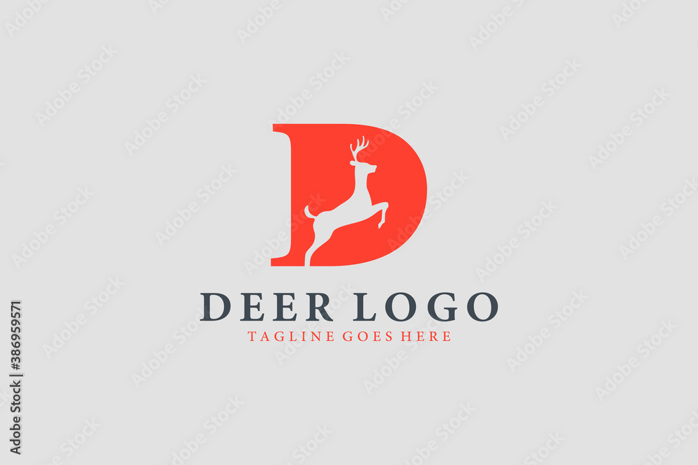 Deer Logo. Red Shape Initial Letter D with Negative Space Jumping Deer Silhouette inside isolated on Grey Background. Flat Vector Logo Design Template Element. Deer Logo. Red Shape Initial Letter D with Negative Space Jumping Deer Silhouette inside isolated on Grey Background. Flat Vector Logo Design Template Element.