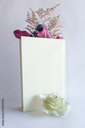 Growth, rebirth and imagination shown through flowers and foliage coming out of a white cover book with a white background angled with an off-white flower candle at the base of the book