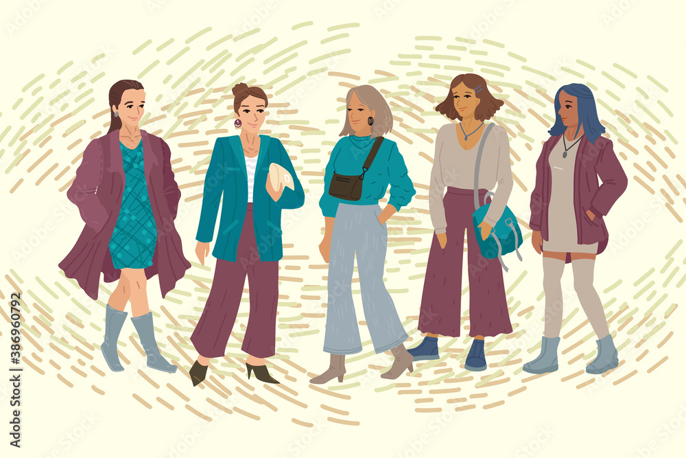 Obraz premium Different women, female employees, business girls, banner with young women. Vector illustration, horizontal poster.