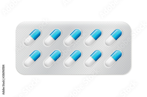 Pills or capsules white and blue in blister package for tablet vector Illustration design.