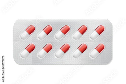 Pills or capsules white and blue in blister package for tablet vector Illustration design.