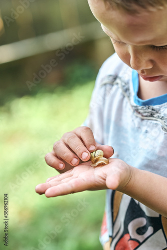 Curious little kid with snail in hand photo