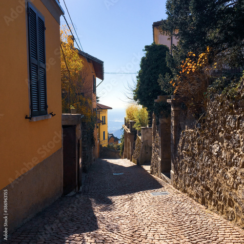 narrow street in the old town of Brunate, Italy