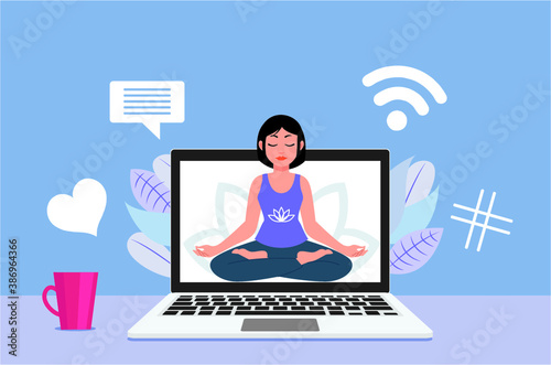 Online yoga concept with computer, plants and cup. Screen with girl in yoga lotus practices meditation. illustration in flat style. Stay at home. Self-isolation.
