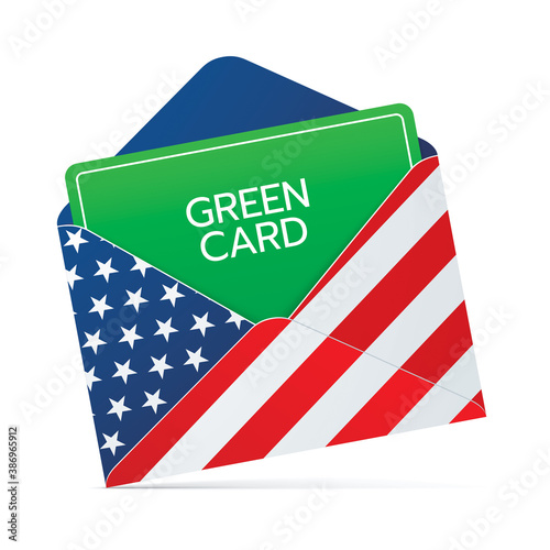 Permanent residency GREEN CARD document in an envelope with USA flag print. United States of America citizenship lottery concept.