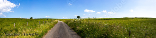 Panoramic meadow landscape with small country road in Curfoz (Bouillon, Belgium)