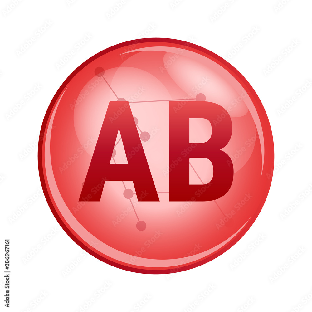 Vector red icon of blood group or blood type AB. Red donation cell. Transfusion hematology icon. AB positive or negative, where the blood contains type-A and type-B antigens isolated on white. Vector red icon of blood group or blood type AB. Red donation cell. Transfusion hematology icon. AB positive or negative, where the blood contains type-A and type-B antigens isolated on white.