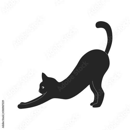 Silhouette of black shorthair cat bends, illustration in flat cartoon style.  Cute kitty pet, isolated on white background. 