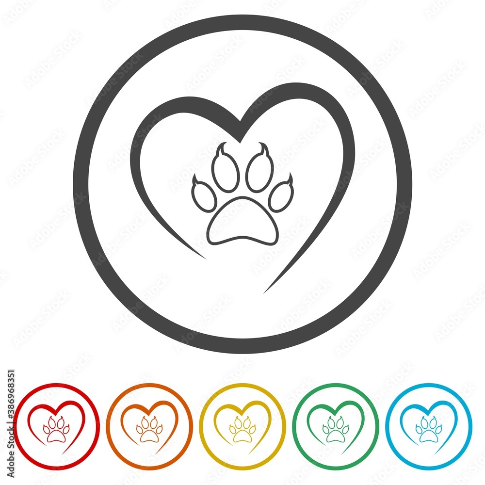 Heart with paw ring icon, color set Heart with paw ring icon, color set