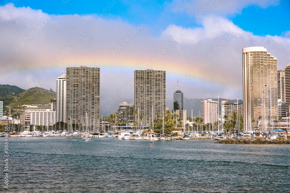 Rainbow over Ala Wai Boat Harbor, Honolulu, Oahu, Hawaii