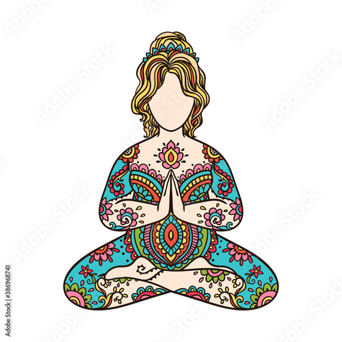 Yoga girl. Ornament Meditation pose. Concept of body positive. Vector illustration plus size,