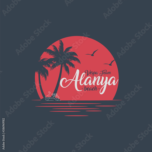 Alanya Mediterranean Coast tee print with palm trees, t shirt design, typography, poster.