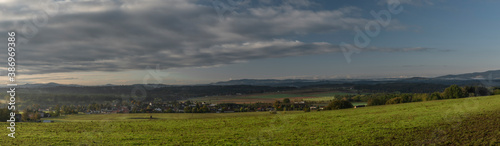 Sunrise time near Ceske Budejovice city in autumn color morning