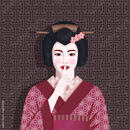 Portrait of geisha holds finger to her lips