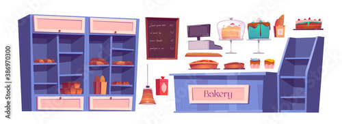 Bakery products and bake house interior stuff, confectionery shop. Wooden shelves with sweets, cakes, cupcake on trays and fresh bread. Chalkboard menu, cashier desk, lamp cartoon vector icons set