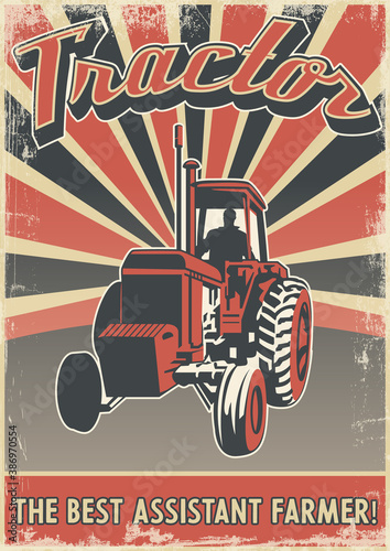 Tractor and Harvest! Retro Style Agricultural Poster, Vintage Colors, Textured Background