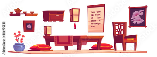 Chinese living room interior with wooden table, chair and red cushions. Vector cartoon set of furniture in china house, lantern, tray with tea pot and cups isolated on white background