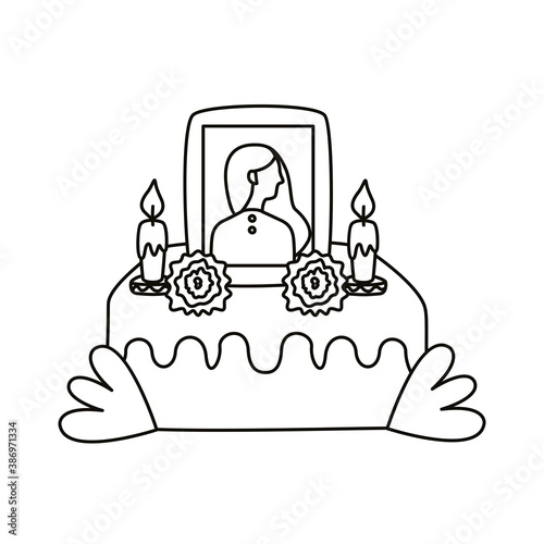 mexican altar of day of the dead with picture of woman line style