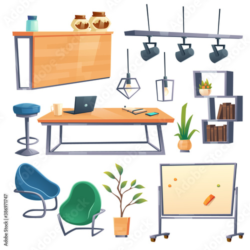 Coworking office interior set with laptop, desk, chairs and bar counter. Vector cartoon furniture for open space workplace, stool, shelves, magnet board, lamps and plants isolated on white