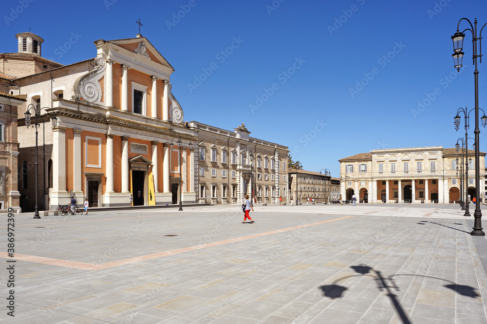 Piazza Garibaldi, with the Cathedral on the left, Senigallia, district Ancona, Marches, Italy, Europe