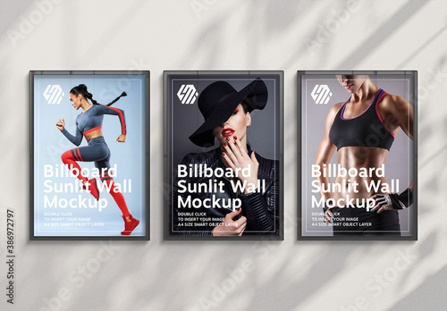 3 Billboards Hanging on Sunlit Wall Mockup