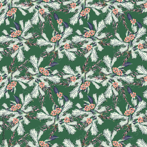 Christmas seamless pattern with fir, twigs and berries.