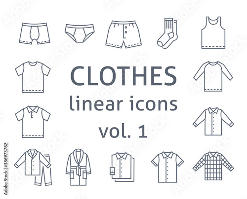 Men clothes flat line vector icons. Simple linear symbols of male basic garments. Main categories for online shop. Outline infographic elements. Contour silhouettes of underwear, shirts, home clothes photo