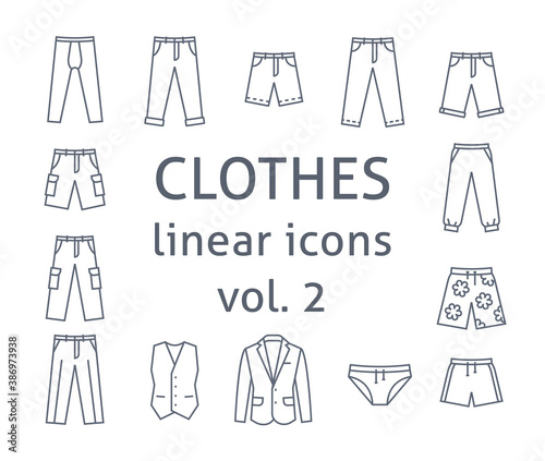 Men clothes flat line vector icons. Simple linear symbols of male basic garments. Main categories for online shop. Outline infographic elements. Contour silhouettes of pants  shorts  business suit