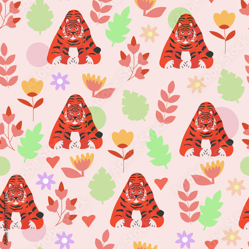 Seamless pattern with wild animals in nature. Stylized tiger in flat style. Vector illustration for paper, cover, fabric, gift wrapping, wall art, interior decor.